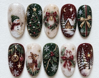 Handmade Vintage Christmas Press On Nails | Festive Snowflake & Christmas Tree Nail Art | Burgundy Green Gold Holiday Fake Nails