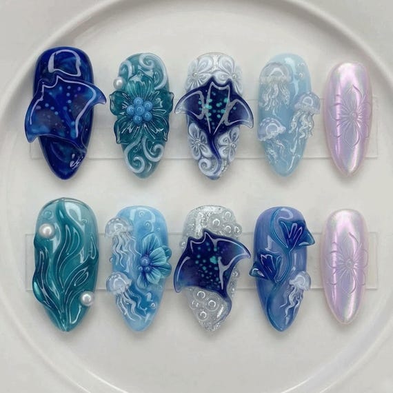 Ocean Manta Ray Press On Nails Blue Jellyfish Nails | Sea Life Nails | Mermaid Ocean Handmade Acrylic Set | Glossy Chrome Summer Nail Art