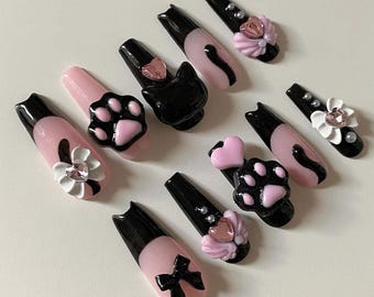 Handmade Kawaii Black Cat Press On Nails | 3D Paw Heart & Bow Design | Pink and Black Cute Cat Nail Set