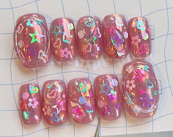 Handmade Holographic Pink Press On Nails | Iridescent Heart & Star Confetti | Sparkle Jelly Y2K Glitter Nail Art Set