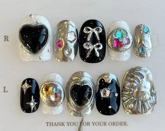 Handmade Black Chrome Press On Nails | 3D Heart & Bow Design | Silver Mirror Nail Set with Rhinestone Stars Y2K Glam Accents