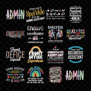 Könnte beinhalten: Eine Sammlung von Grafikdesigns auf schwarzem Hintergrund mit Texten zu administrativen Rollen. Designs beinhalten Sätze wie "Admin Squad", "Front Office Superhero" und "Administrative Assistant". Der Text ist in verschiedenen Schriftarten und Farben gehalten.