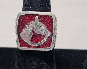 Anillo de sello vintage con forma de caballo – Esmalte rojo brillante, Caballo de Fuego del zodiaco chino, estilo motero