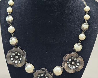 Vintage Pierre Lang Style Faux Pearl & Crystal Flower Statement Necklace