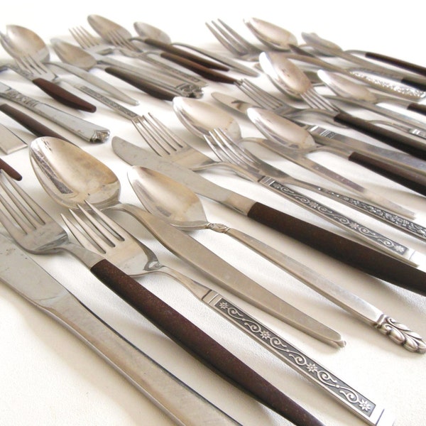 Mid Century Flatware Set Mismatch Silverware, Service for 4, Brown Handle, Danish Modern