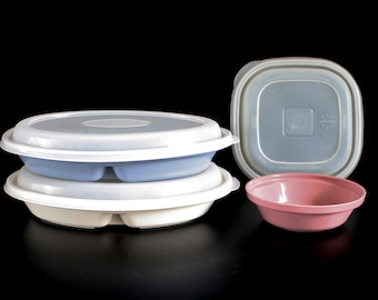 Rubbermaid Microwave Servin Saver Dishes: 4 oz Bowl, Lid I, or Divided Oval Dish / Lid V; Oven Safe Plastic Containers Mauve Pink Blue Gray