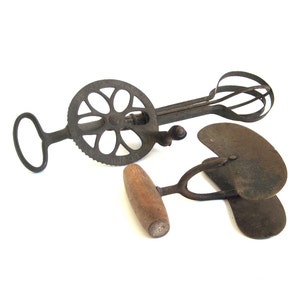 Hand Crank Mixer Egg Beater Taplin's Dover Pattern Improved Cast Iron Wood, or Antique Half Moon Double Blade Chopper Food Photography Props image 1