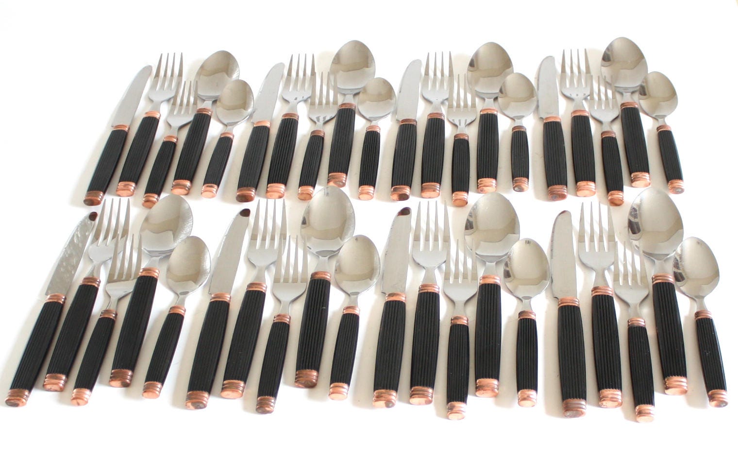Black Plastic Handle Flatware Set Stainless Taiwan Copper Etsy