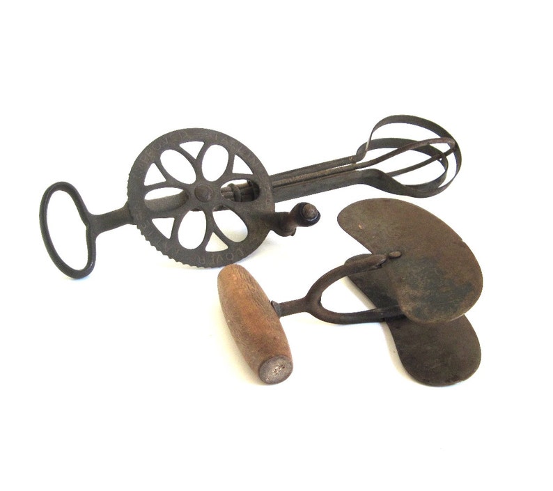 Hand Crank Mixer Egg Beater Taplin's Dover Pattern Improved Cast Iron Wood, or Antique Half Moon Double Blade Chopper Food Photography Props image 1