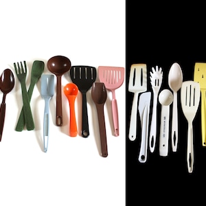 Nylon Plastic Kitchen Utensil(s) Ekco Wok, Lustro Ware, or VIP Spatula; Rubbermaid Ladle; Ensar Spaghetti Server; Winnebago Ice Cream Scoop