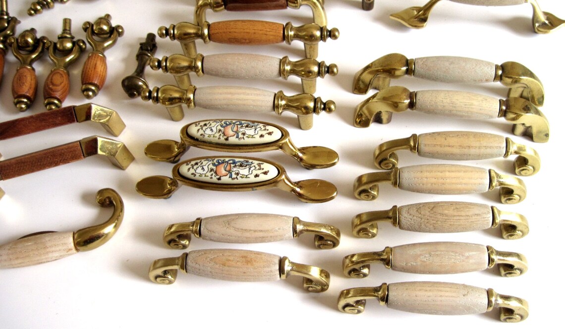1980s Oak Brass Handles Drawer Pull Cupboard Hardware Etsy