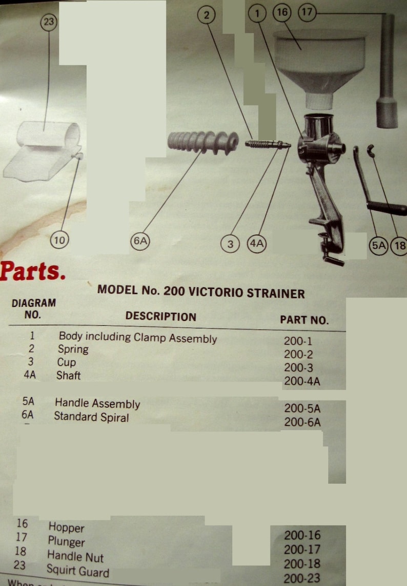 Victorio Strainer 200 Replacement Parts Handle Crank Spring Etsy