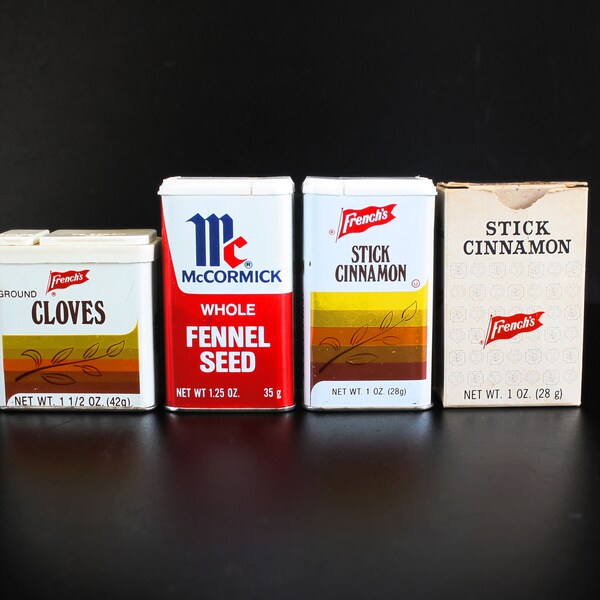 Metal Spice Tins & Box: McCormick Fennel Seed, French's Cinnamon Sticks, Cloves; Empty Spice Containers