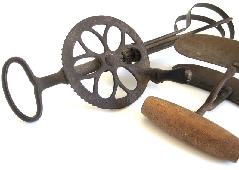 Hand Crank Mixer Egg Beater Taplin's Dover Pattern Improved Cast Iron Wood, or Antique Half Moon Double Blade Chopper Food Photography Props image 2