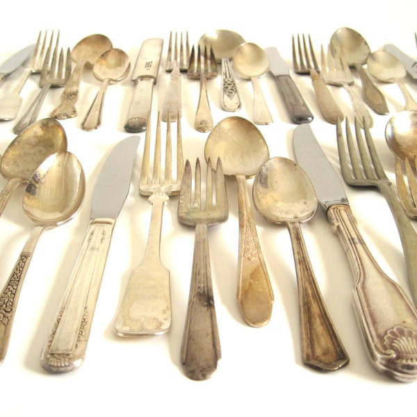 Tarnished Silverware Mismatch Flatware Set, Silverplate Silver Teaspoons, Soup Spoons, Dinner Forks, Salad Forks, Knives, Serving Pieces