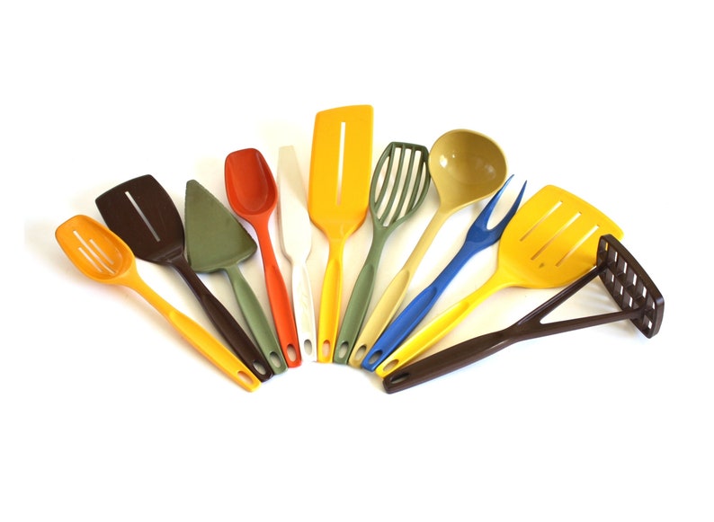 Nylon Plastic Foley Kitchen Utensils 1970s 1980s Kitchen Basting Spoon, Icing Spreader, Soup Ladle, Potato Masher image 2