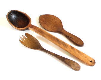 Old Wooden Spoon, Fork, Spade, Worn Wood Kitchen Utensils, Food Photography Props, Primitives