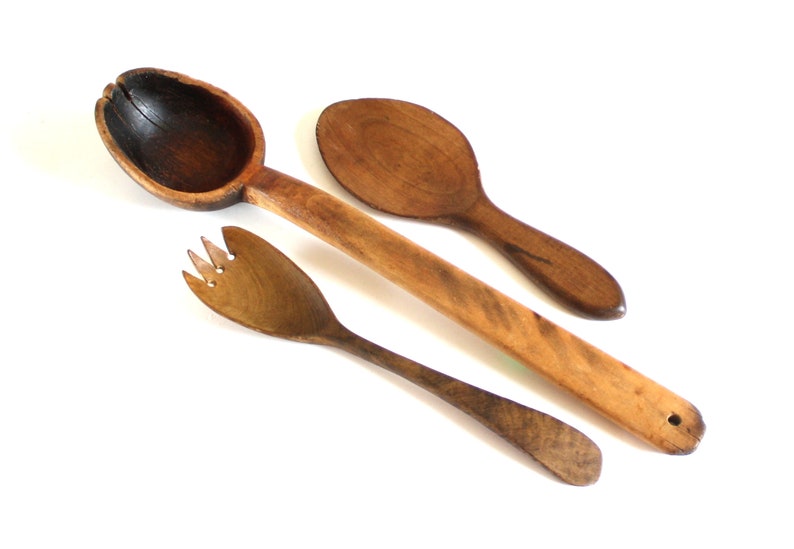 Old Wooden Spoon, Fork, Spade, Worn Wood Kitchen Utensils, Food Photography Props, Primitives image 1