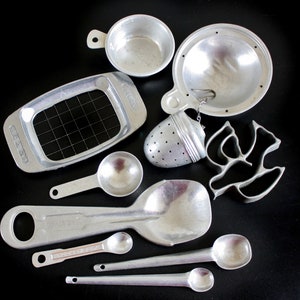 Foley Aluminum Measuring Spoons, Measuring Cup, Short'ning Scoop, Bird Rosette Maker, Egg Poaching Cup, Food Photography Props