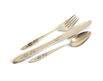 Oneida My Rose Community Stainless Flatware Solid Handle Dinner Knives, Salad Forks, Teaspoon, Dinner Fork