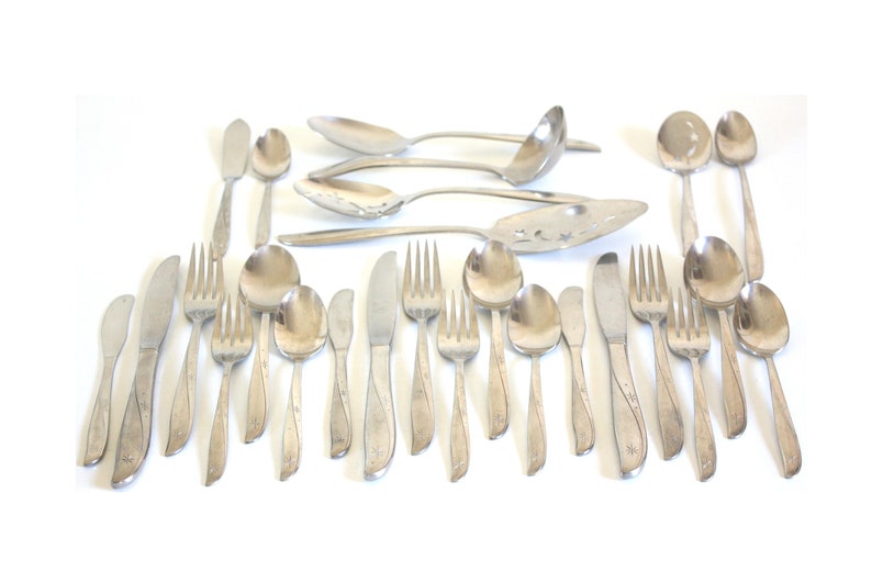 Oneida Twin Star Atomic Starburst Flatware Replacement Pieces, Mid Century Modern Community Stainless Silverware, Teaspoon, Dinner Fork, etc 26-pc service for 3