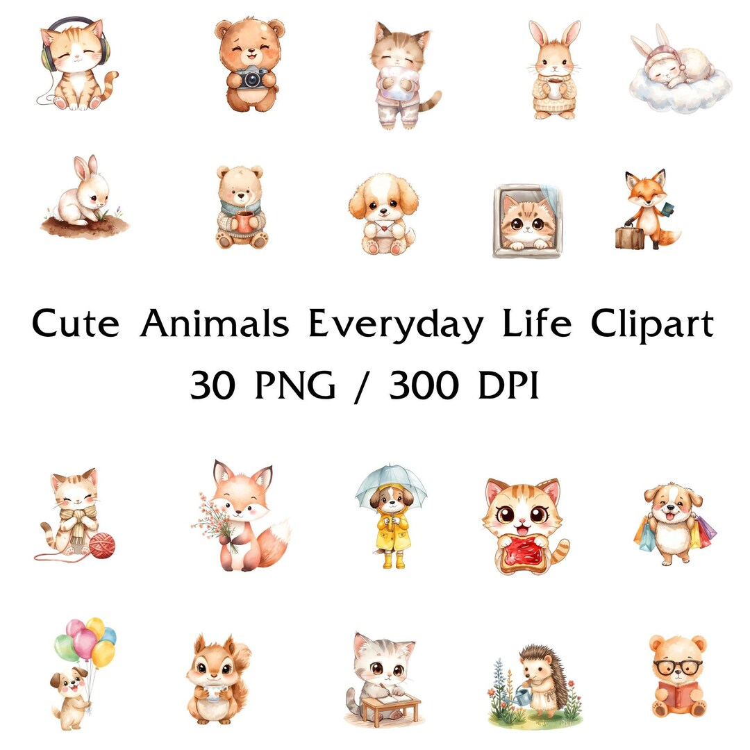 Animals Everyday Life Clipart, Kawaii Watercolor Cozy Animal PNG - Etsy