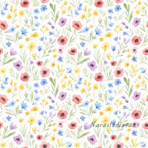 Puede incluir: Patrón floral acuarela con flores rojas, amarillas, azules y moradas sobre fondo blanco. El diseño incluye amapolas, margaritas y otras flores silvestres, con hojas y tallos verdes. El texto "Narastudio4289" es visible.