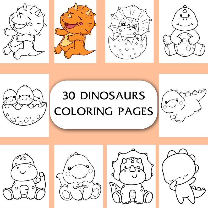 30 Kawaii Dinosaur Coloring Pages, Cute Dinosaur Coloring Book for Kids ...