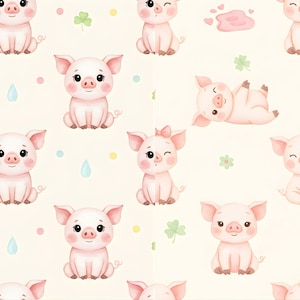 Pode incluir: Um padrão repetitivo de adoráveis porcos cor-de-rosa em várias poses, incluindo sentados, piscando e deitados. Os porcos têm olhos grandes e são decorados com um laço. O fundo é creme claro com pontos, trevos e gotas de água coloridas em tons pastel espalhados.