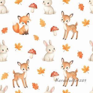 Puede incluir: Patrón de acuarela repetido con animales del bosque y elementos otoñales. El diseño incluye un zorro, ciervos, conejos, setas y hojas de otoño en tonos naranja, marrón y blanco, sobre un fondo blanco.