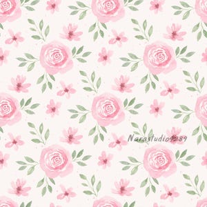 May include: Watercolor floral pattern featuring pink roses, small pink flowers, and green leaves on a cream background. The design is repeated across the surface. The text "Narastudio4289" is visible in the lower right corner.