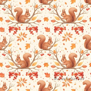 May include: Watercolor illustration of a repeating pattern featuring squirrels, branches, leaves, and berries. The squirrels are brown with fluffy tails, perched on branches with orange and yellow leaves and red berries, set against a cream background.