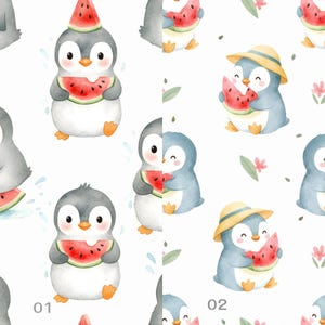 May include: A repeating pattern featuring watercolour penguins eating watermelon. Some penguins wear watermelon hats or straw hats. The background is white with small pink flowers, green leaves, and water droplets. Numbers 01 and 02 are in the bottom corners.
