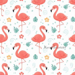 May include: A repeating pattern featuring cartoon flamingos in pink, with black beaks and legs, on a white background. The design includes light blue bubbles, green leaves, and yellow and red flowers.
