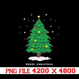 May include: A green Christmas tree illustration with colorful lights and a yellow star on top. The words "MERRY CHRISTMAS" are below the tree, with white snowflakes on a black background. The image also includes the text "PNG FILE 4200 X 4800".