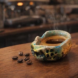 Könnte beinhalten: Eine handgefertigte Kaffeetasse aus Keramik mit einer einzigartigen, organischen Form, mit einer Glasur aus Blau, Gelb und Grün. Dampf steigt aus dem Kaffee auf, und mehrere Kaffeebohnen liegen auf der Holzoberfläche.