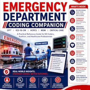 May include: The 2026 Edition CodeMed Digital Emergency Department Coding Companion is a reference guide for healthcare professionals. The cover features an ambulance, a medical monitor, and a list of ED coding essentials including E/M leveling.