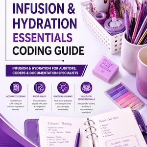 Może przedstawiać: Profesjonalny przewodnik kodowania zatytułowany Infusion & Hydration Essentials Coding Guide, z fioletowym tekstem i ikonami na białym tle. Zawiera sekcje dla audytorów i koderów oraz notatnik z odręcznymi notatkami dotyczącymi terapii infuzyjnej.