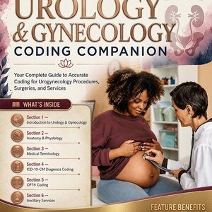 Puede incluir: Una portada de libro Urology & Gynecology Coding Companion edición 2026 con un profesional médico usando un estetoscopio en una persona embarazada. El texto incluye detalles de secciones, beneficios y el título en letras marrones.