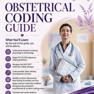 Puede incluir: Una guía educativa de la edición 2027 titulada Obstetrical Coding Guide de Code Med Digital. La portada muestra a un profesional médico con bata blanca y estetoscopio, junto a una lista de objetivos de aprendizaje para la codificación obstétrica.