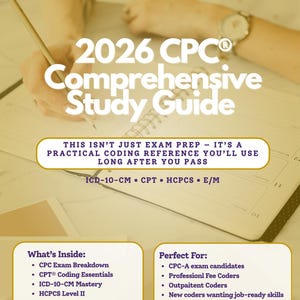Może przedstawiać: Kompleksowy przewodnik po egzaminie CPC 2026. Okładka zawiera tekst "2026 CPC Comprehensive Study Guide" z logo CodeMedDigital. Przewodnik zawiera podziały egzaminów, podstawowe elementy kodowania i umiejętności kodowania w świecie rzeczywistym.