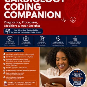 May include: A Cardiology Coding Companion guide featuring a red background with a heart illustration and white text. The document outlines diagnostics, procedures, modifiers, and audit insights for medical coding, including a list of contents and target audience.