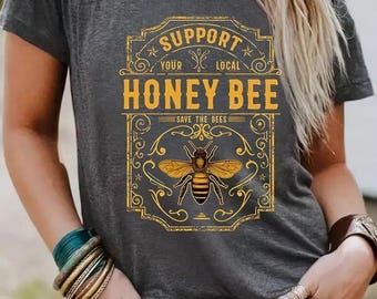 Camiseta unisex con gráfico vintage "Apoya a las abejas locales" y "Salva a las abejas".
