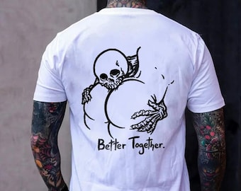 Camiseta con estampado de esqueleto, estilo urbano alternativo con humor negro, unisex.