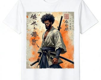 Camiseta samurái africana, camiseta gráfica de guerrero bushido, camiseta katana, regalo de arte urbano japonés