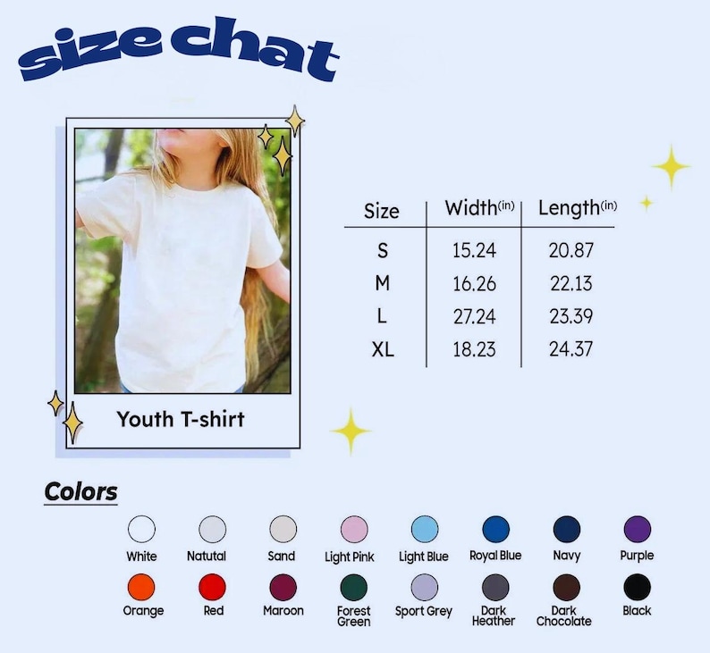 Puede incluir: Tabla de tallas para una camiseta juvenil, con medidas en pulgadas. La tabla incluye tallas S, M, L y XL, junto con una paleta de colores que incluye blanco, natural, arena, rosa claro, azul claro, azul real, marino, morado y m&aacute;s.