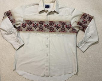 Chemise Western Wrangler Vintage Homme L – Rouge Aztèque, Snaps, Rodéo