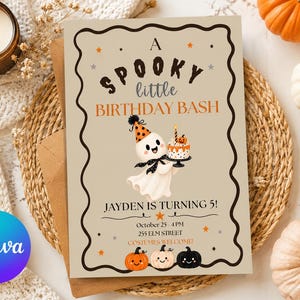 Spooky Little Birthday Bive uitnodiging | Bewerkbare Halloween feestuitnodiging | Kinder Halloween verjaardagskaart | Canva sjabloon