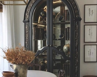 Custom Arched Display Cabinet – Hand Carved Egg, Glass Shelves – Matte Black or Ripe Olive
