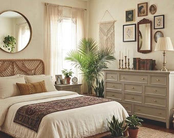 Refinished Dresser, Chest of Drawers & Matching Nightstands | Accessible Beige Bedroom Set | Modern Boho Style